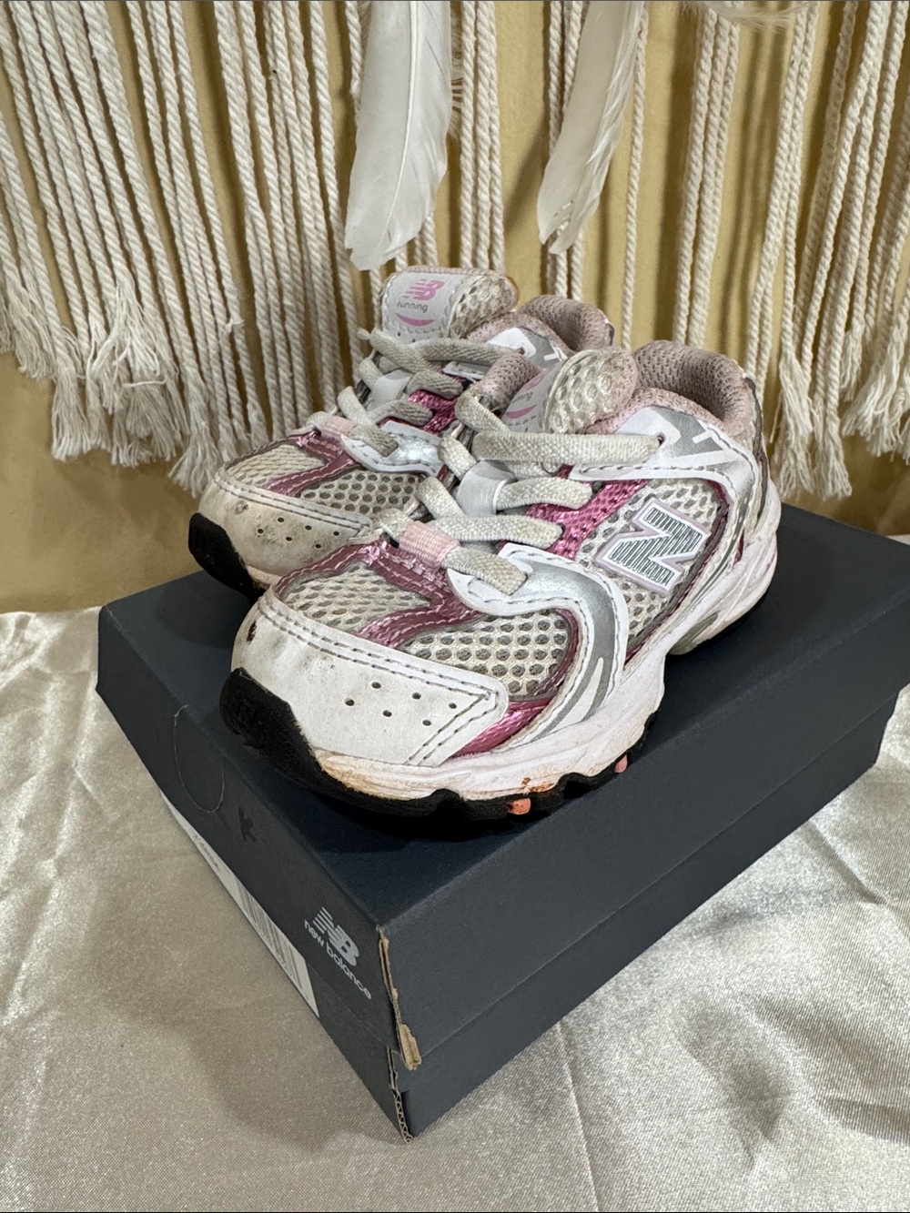 New Balance Kids White and Pink Athletic Sneakers